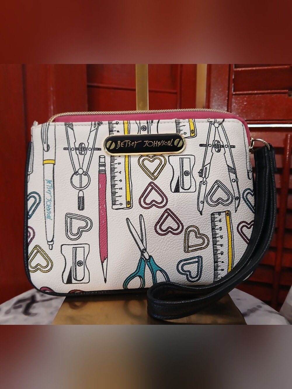 Betsey Johnson White Multi Stationery Print Wristlet